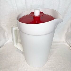 Vintage Tupperware white with red push lid pitcher